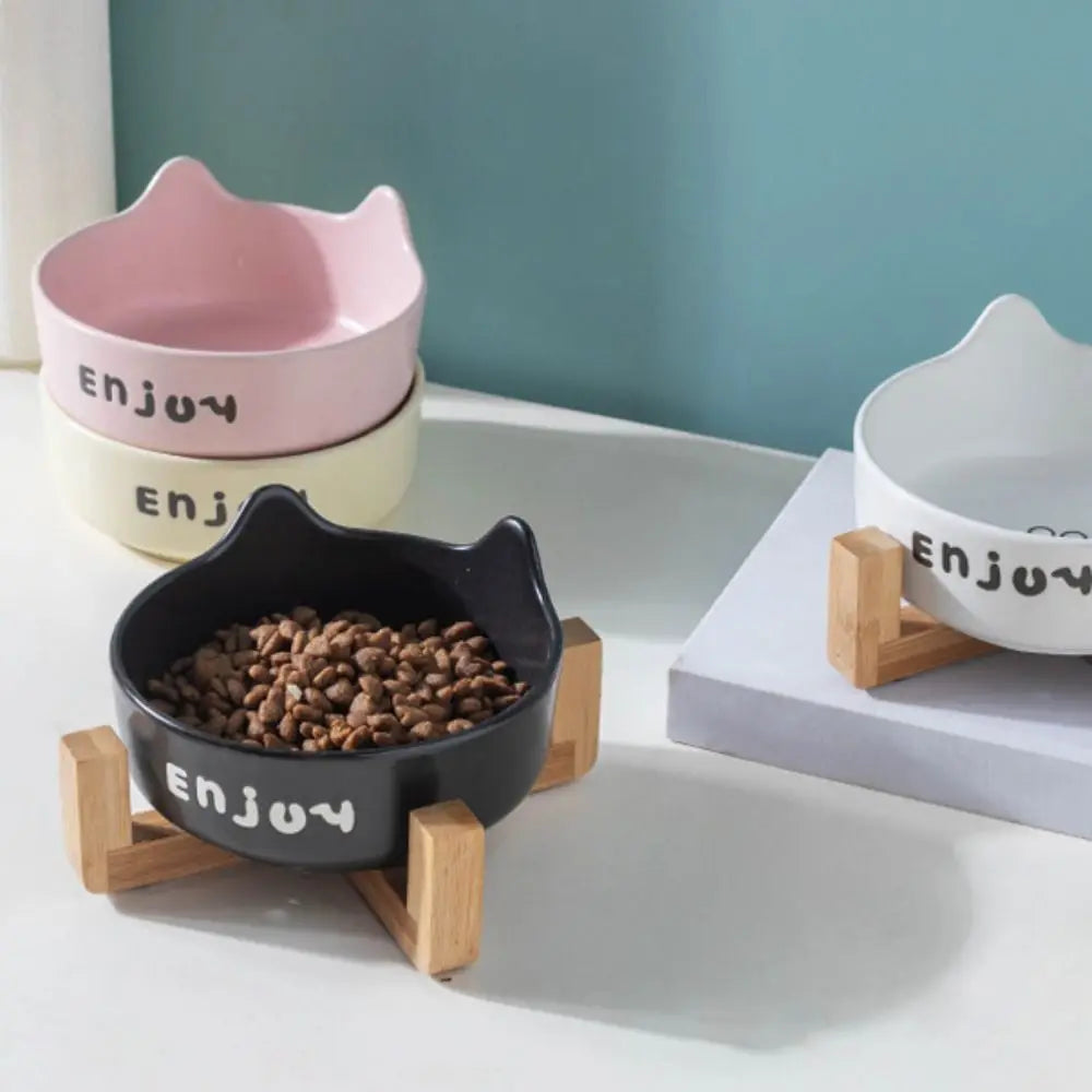 Ceramic Pet Bowl Cute Single/Double Bowl Dog Food Feeding Basin Large Capacity with Rack Pet Drinking Feeder Neck Protection