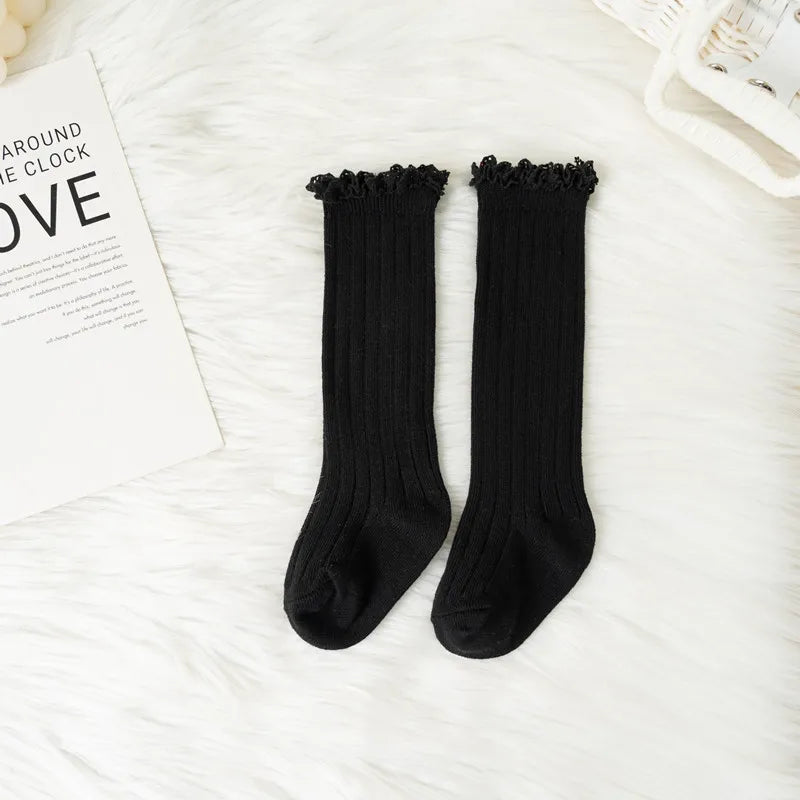 Ruffle Kids Knee High Socks Baby Girls Toddlers Long Soft Cotton Sock Lace Flower Children School Uniform Socks For 0-8 Years