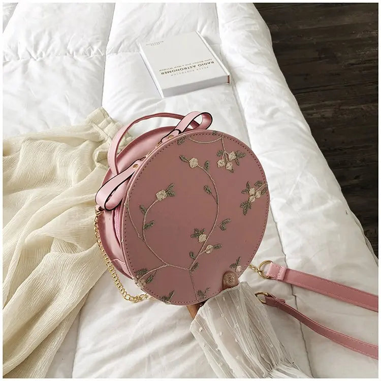 Sweet Lace Round Handbags High Quality PU Leather Women Crossbody Bags for Women 2025 Small Fresh Flower Chain Shoulder
