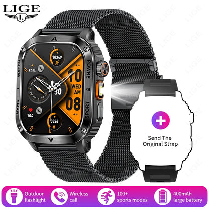 LIGE New Premium Military Smart Watch Men Flashlight Waterproof Outdoor Sport Tracker Bluetooth Call Smartwatch 400mAh Battery