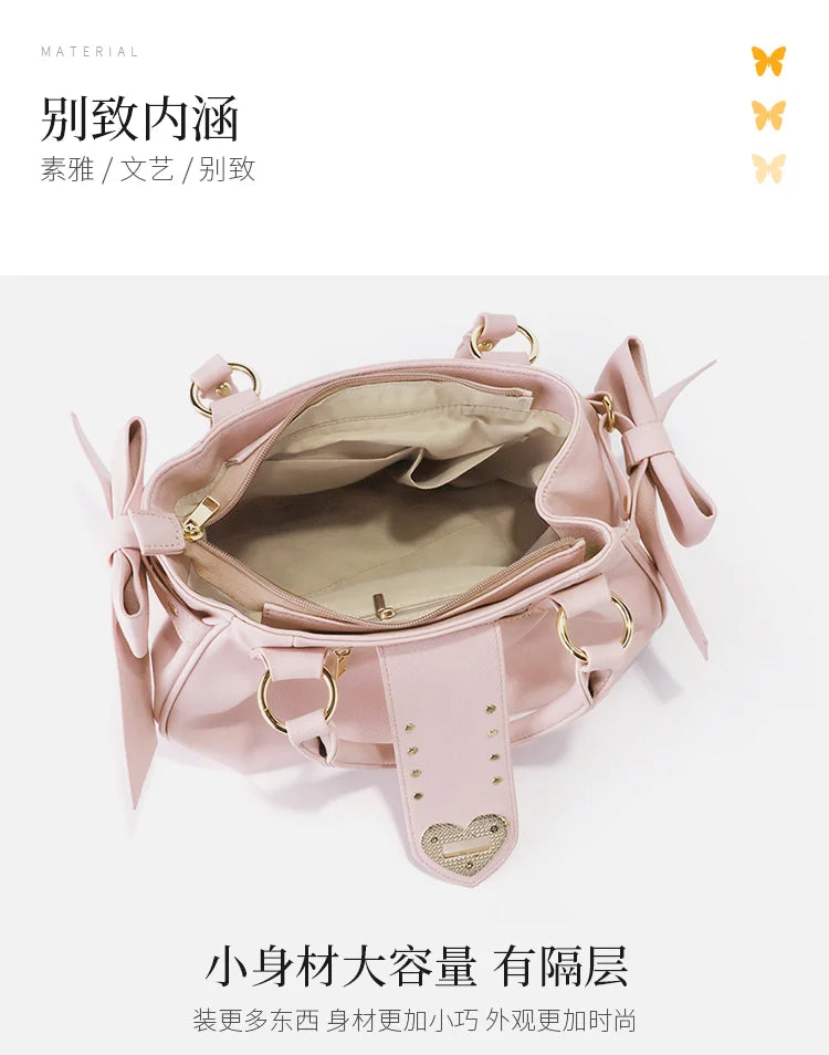 Sweet Bow Lolita Pink Hand Bag Purse Women Harajuku Love Heart Soft Crossbody Bag Lady Kawaii Large Capacity Shoulder Bag Female