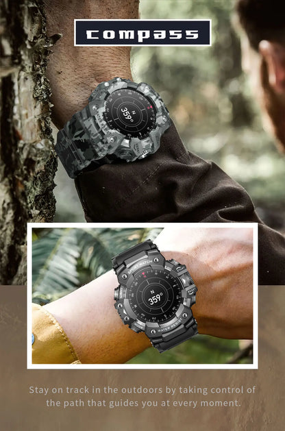2025 New Rugged Outdoors Sports Smart Watch Men Bluetooth Call Colorful IP68 Waterproof Military Compass Smartwatches Flashlight