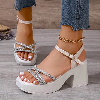 Women's Rhinestone Thick Thick Platform Waterproof High Heels Summer New Line Buckle High Heels Fashion Sandals