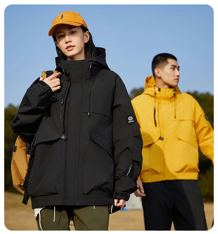 Men’s Hooded Outdoor Windbreaker Jacket Windproof Coats Warm Tactical Coat with Multi Pockets for Hiking Camping Travel Autumn
