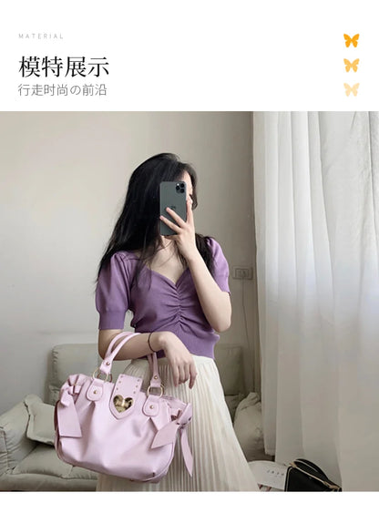 Sweet Bow Lolita Pink Hand Bag Purse Women Harajuku Love Heart Soft Crossbody Bag Lady Kawaii Large Capacity Shoulder Bag Female