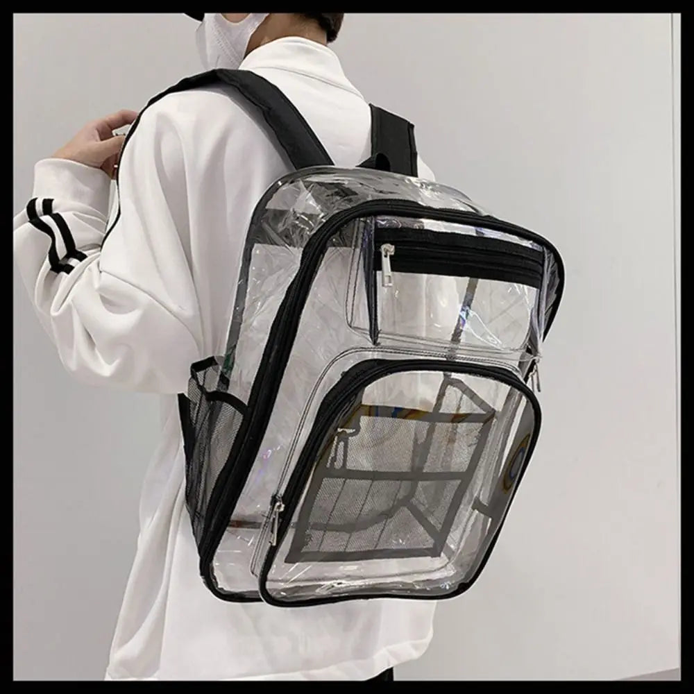 Casual PVC Clear Backpack Large Capacity with Multi-pockets Students Bookbag See Through Waterproof Transparent Backpack Travel