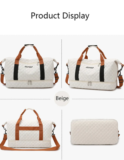 Nylon Travel Duffle Bag with Shoe Compartment, Large Capacity Argyle Pattern Casual Weekender Overnight Gym Storage Bag