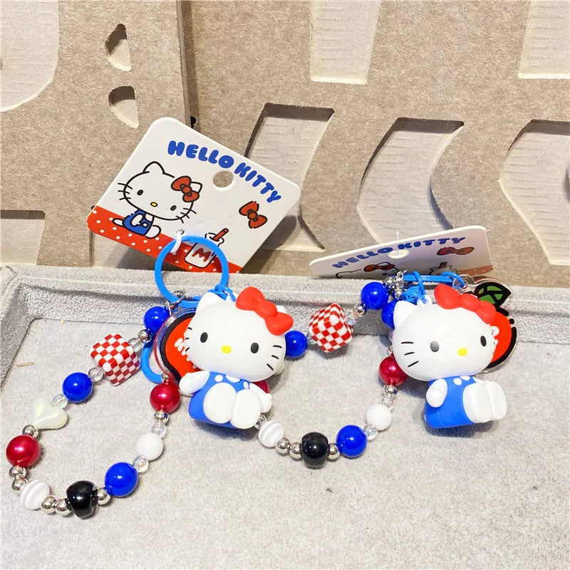Wholesale Sanrio Keychain Hello Kitty Schoolbag Pendant Kawaii Kt Red Blue White Cartoon Key Kitty Tv Beaded Keyring Girl Gift ﻿