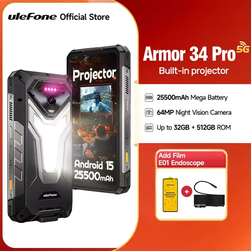 Ulefone Armor 34 Pro 5G AI Rugged Phone 32GB+512GB 25500mAh 6.95" Built-in Projector 120Hz Android 15 MTK 7300 NFC Smartphone