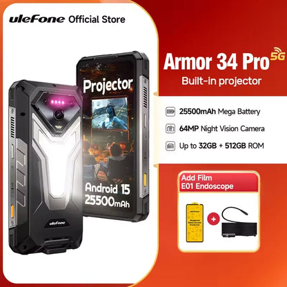 Ulefone Armor 34 Pro 5G AI Rugged Phone 32GB+512GB 25500mAh 6.95" Built-in Projector 120Hz Android 15 MTK 7300 NFC Smartphone