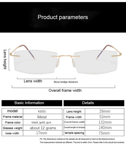 Men's Anti Blue Light Blocking Reading Glasses Cut Frameless Metal HD Lens Eyewear Women Prescription Presbyopic Glasses +400