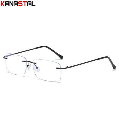 Men's Anti Blue Light Blocking Reading Glasses Cut Frameless Metal HD Lens Eyewear Women Prescription Presbyopic Glasses +400