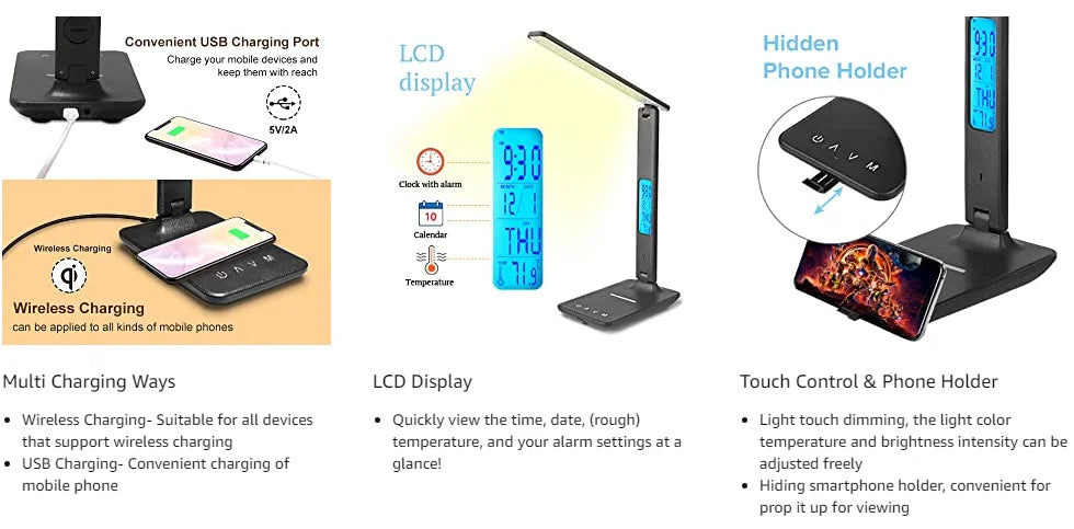 LED Desk Lamp, Office Table Lamp with Wireless Charger, Suitable for Home, Office Dimmable Desk Lamp, with USB Charging Port
