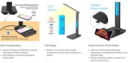 LED Desk Lamp, Office Table Lamp with Wireless Charger, Suitable for Home, Office Dimmable Desk Lamp, with USB Charging Port