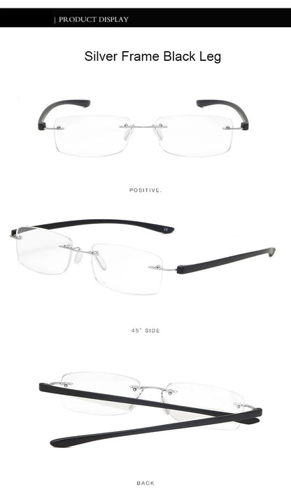 Men's Anti Blue Light Blocking Reading Glasses Cut Frameless Metal HD Lens Eyewear Women Prescription Presbyopic Glasses +400