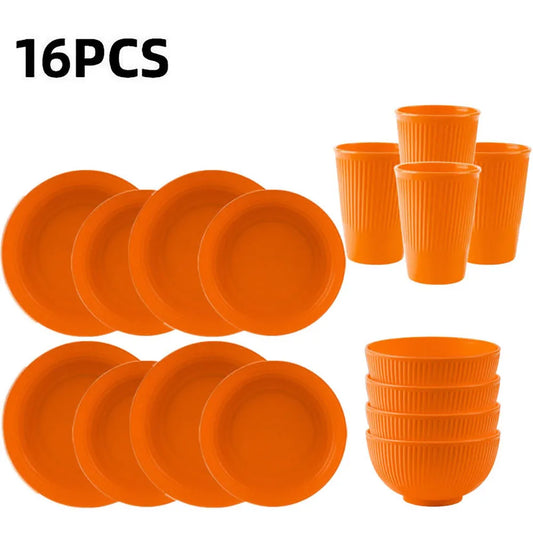 Orange 4/16Pcs Wheat Straw Dinnerware Ramen Bowl Dishes Full Plates Tableware Set Bowl Dinner Dishes Set Camping Dishes Sets