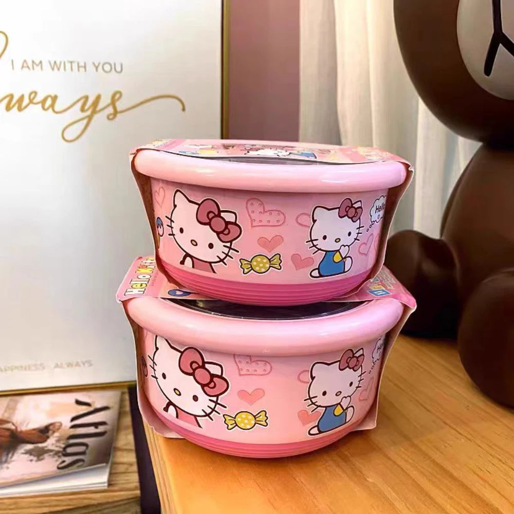 Anime Sanrio Hello Kitty Stainless Steel With Lid Ramen Bowl Student Dormitory Fruit Salad Rice Soup Bowl Kitchen Tableware