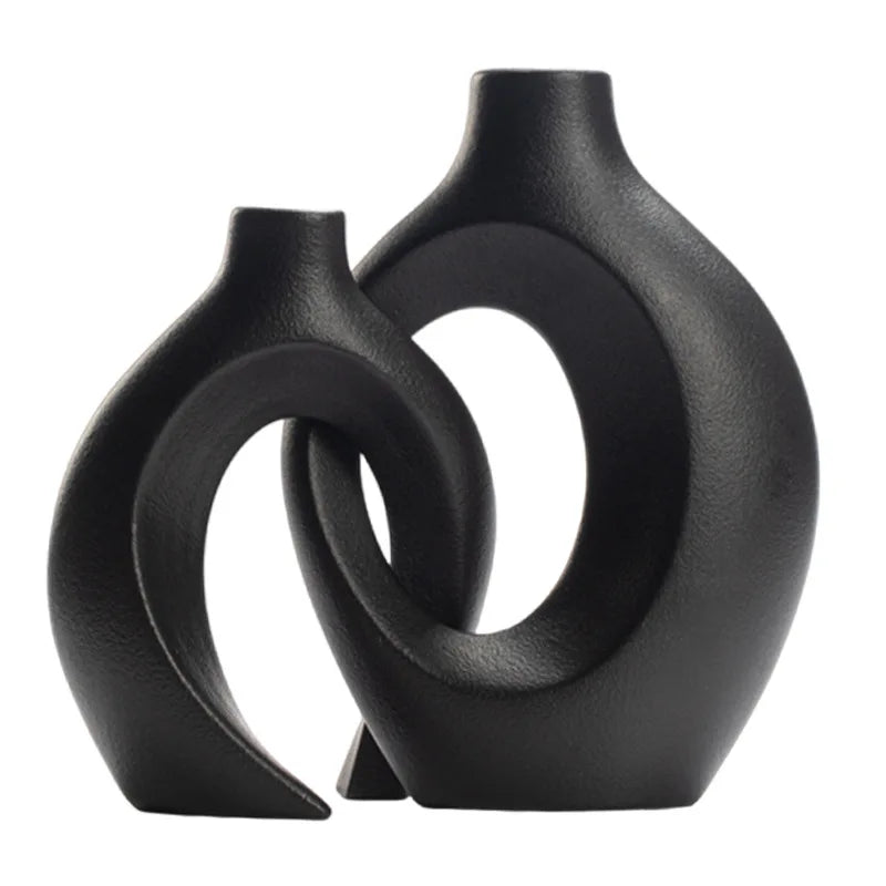 ,  Hollow Cuddled Ceramic Vase, 2 for Modern Home Decoration, Boho Donut Vase, Black and White Minimalist Decorative Flowerpot