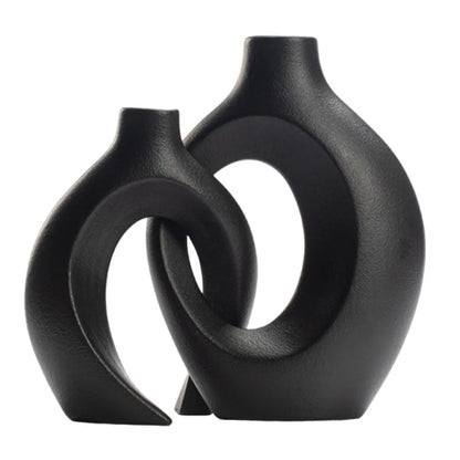 ,  Hollow Cuddled Ceramic Vase, 2 for Modern Home Decoration, Boho Donut Vase, Black and White Minimalist Decorative Flowerpot