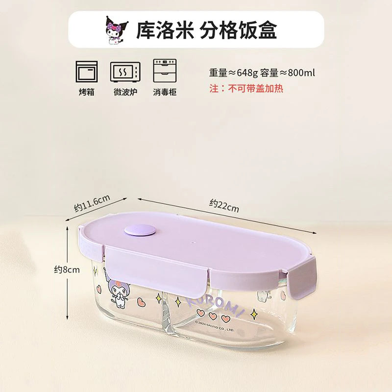 Sanrio Kawaii Hello Kitty Glass Lunch Box My Melody Kuromi Anime Cartoon Sweet Microwaveable Sealed Soup Bowls with Separate Lid