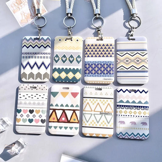 Student Identity Badge Card Cover with Neck Strap Bag Geometric Women Men Work Badge Bus Credit Card ID Holder Bags with Lanyard