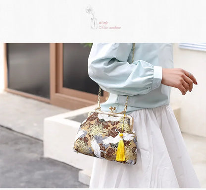 Fashion Vintage Fringe Bag Small Shell Bags Chain Women Shoulder Crossbody Bag Crane Flying Women's Handbags Purses Embroidery