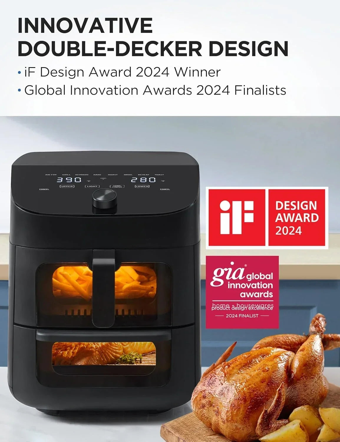 Dual Basket Air Fryer Oven 11 Quart 8 in 1 Functions, Clear Window, Smart Sync Finish, Works with Alexa, Wi-Fi Connectivity