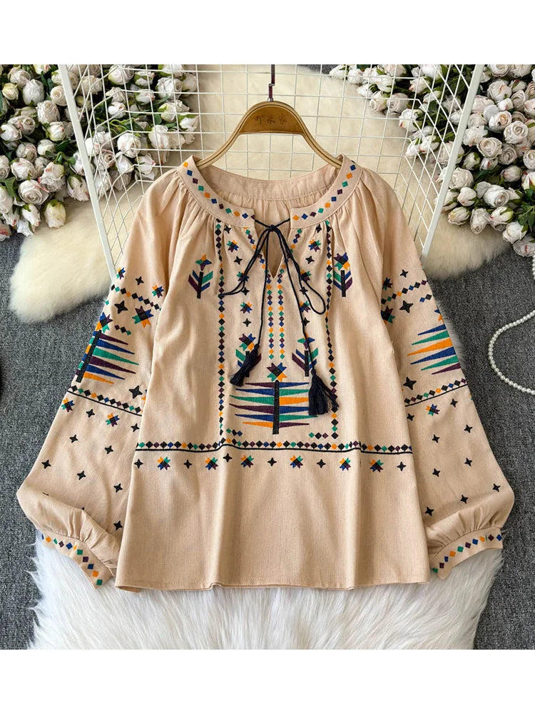 Women's Autumn Blouse Temperament Fashionable Vintage Embroidered Shirt 2024 New Bohemian Vacation Style Loose Top BL026