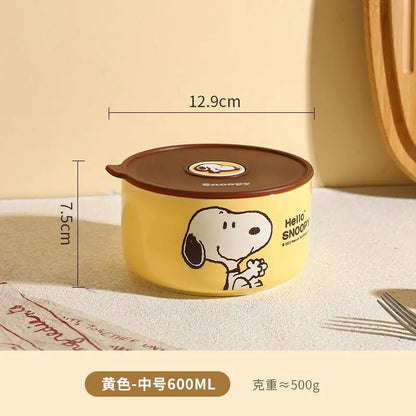 Snoopy animation peripheral cartoon safety bowl sealed ceramic box with lid can be microwaved and portable for office workers
