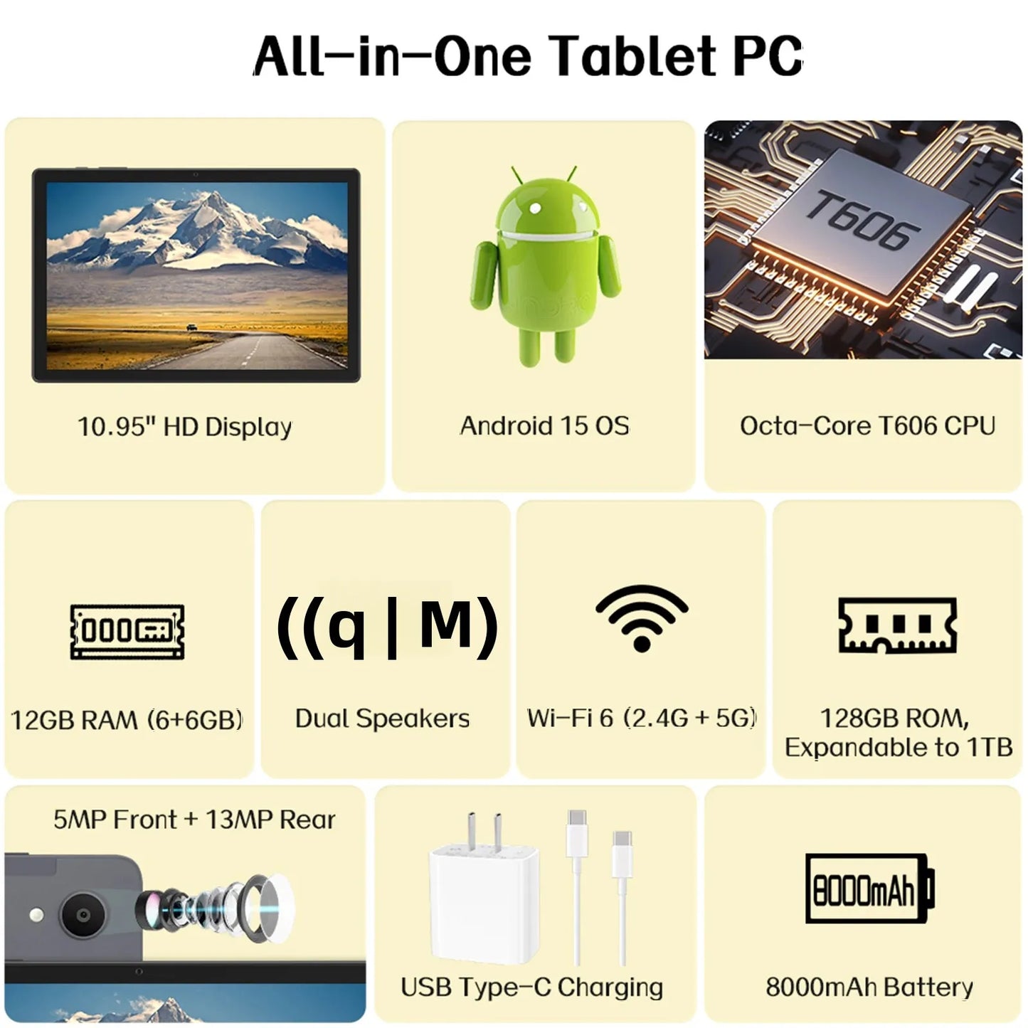 ANRY 10.95-inch HD Display Tablet Android 15 12GB RAM 128 ROM 2.4G/5G WiFi T606 Octa-Code 8000mAh Android Tablets with Case