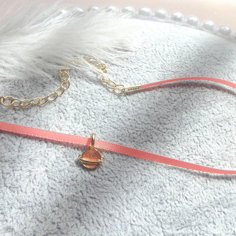 Fashion Women's Choker Necklace Lovely Gothic Pink Lace Pearl Pendant Elastic Short Clavicle Necklace Jewelry Gift For Girls