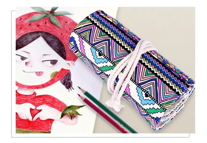 48 Holes Roll Colored Art Pencil Case Kawaii School Students Supplies Paint Brush Pen Bag Cute Pencil Cases Stationery