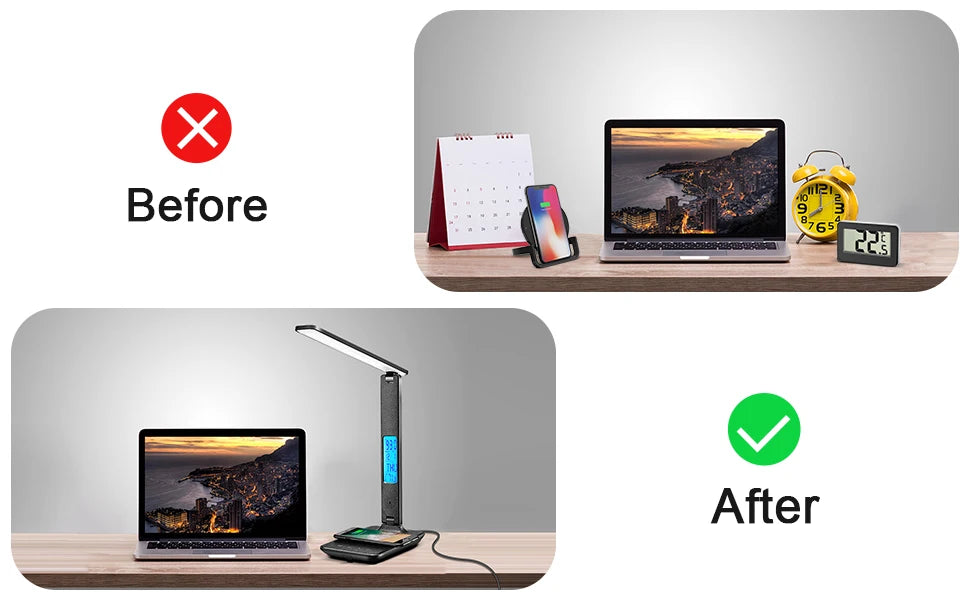 LED Desk Lamp, Office Table Lamp with Wireless Charger, Suitable for Home, Office Dimmable Desk Lamp, with USB Charging Port