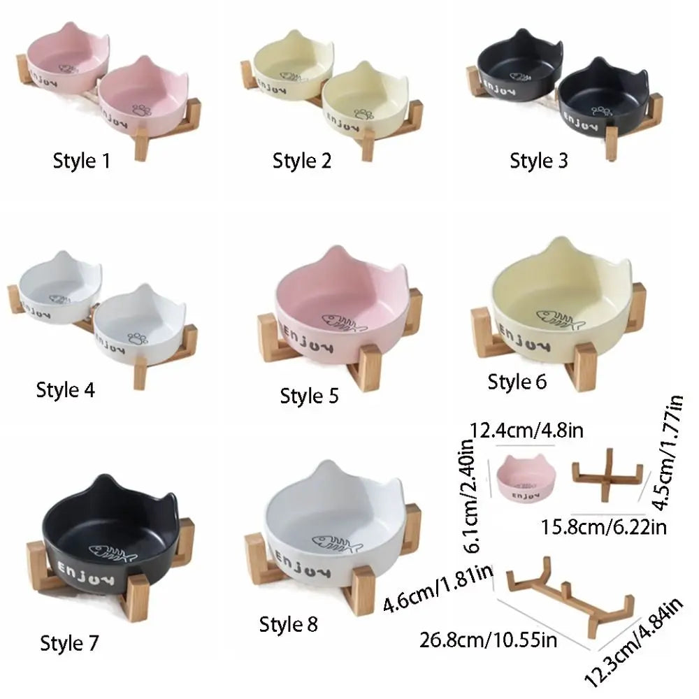Ceramic Pet Bowl Cute Single/Double Bowl Dog Food Feeding Basin Large Capacity with Rack Pet Drinking Feeder Neck Protection