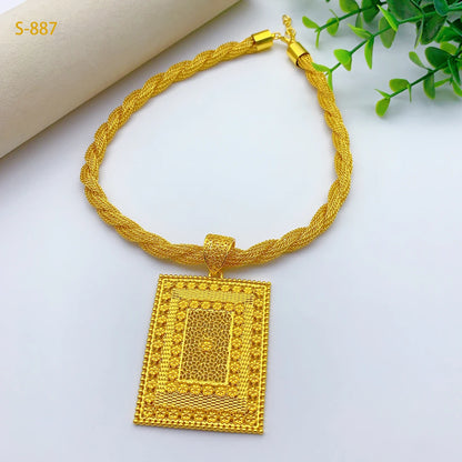 Luxury Dubai Rectangle Necklace And Earrings Jewelry Sets For Women Ethiopian Indian Bridal 24k Gold Color Set Wedding Party
