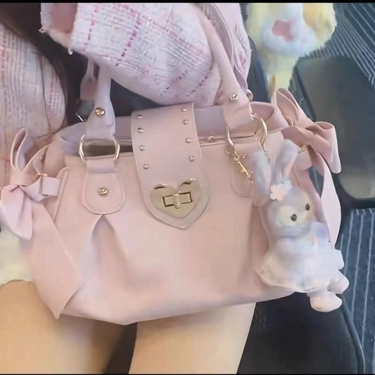 Sweet Bow Lolita Pink Hand Bag Purse Women Harajuku Love Heart Soft Crossbody Bag Lady Kawaii Large Capacity Shoulder Bag Female