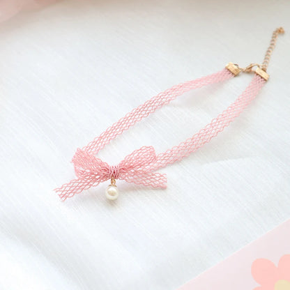 Fashion Women's Choker Necklace Lovely Gothic Pink Lace Pearl Pendant Elastic Short Clavicle Necklace Jewelry Gift For Girls
