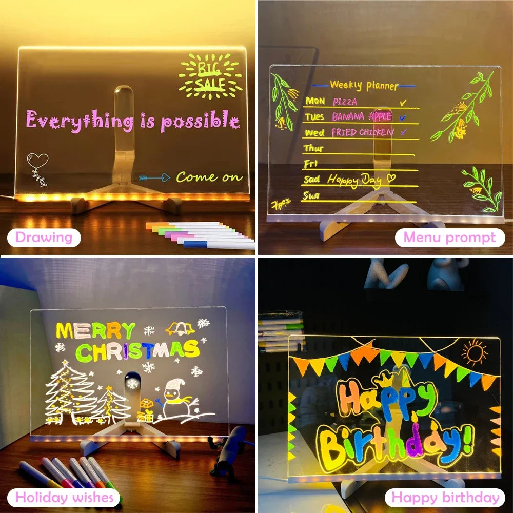LED Note Board Night Light With Colorful 7 Pens DIY Acrylic Message Board Erasable Painting Drawing Board For Kids Birthday Gift