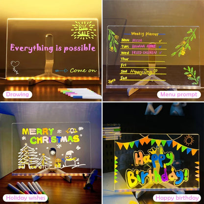 LED Note Board Night Light With Colorful 7 Pens DIY Acrylic Message Board Erasable Painting Drawing Board For Kids Birthday Gift