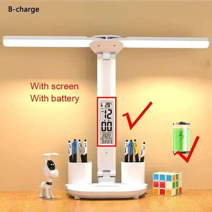 LED Table Lamp USB Chargeable Dimmable Clock Desk Lamps 2 Heads 180 Rotate Foldable Eye Protection Desktop Reading Night Lights