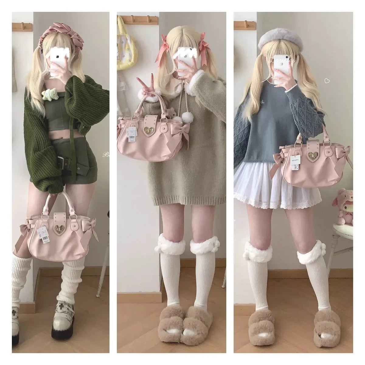 Sweet Bow Lolita Pink Hand Bag Purse Women Harajuku Love Heart Soft Crossbody Bag Lady Kawaii Large Capacity Shoulder Bag Female