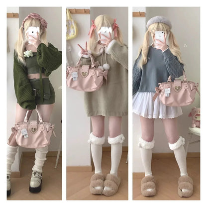 Sweet Bow Lolita Pink Hand Bag Purse Women Harajuku Love Heart Soft Crossbody Bag Lady Kawaii Large Capacity Shoulder Bag Female