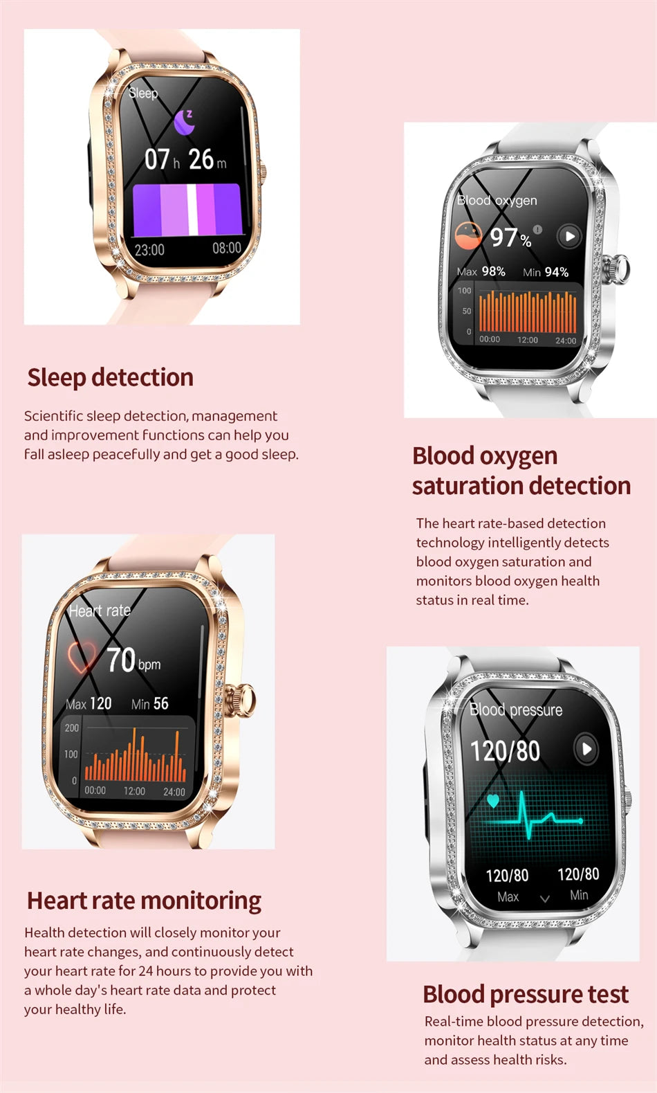 New Fashion Women Smart Watch 1.75inch Curved Screen Sports Bracelet BT HD Calling Clock IP68 Waterproof Diamond Case Smartwatch