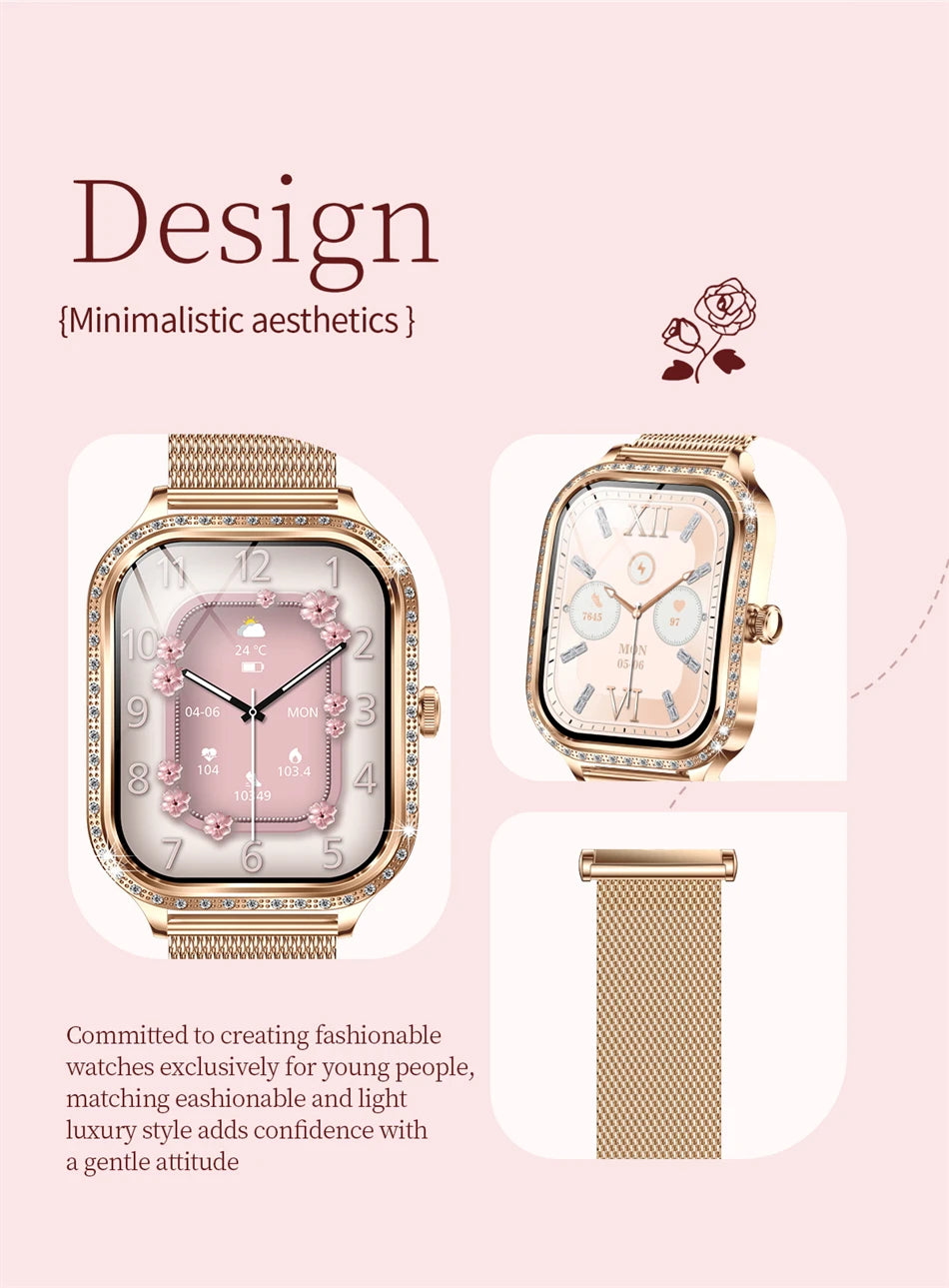 New Fashion Women Smart Watch 1.75inch Curved Screen Sports Bracelet BT HD Calling Clock IP68 Waterproof Diamond Case Smartwatch