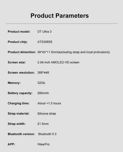 DT Ultra 3 Pro Smart Watch HD AMOLED Screen 32GB MP3 MP4 Player  APP Store GPS Navigator ChatGPT NFC Sports Smartwatch Men Women