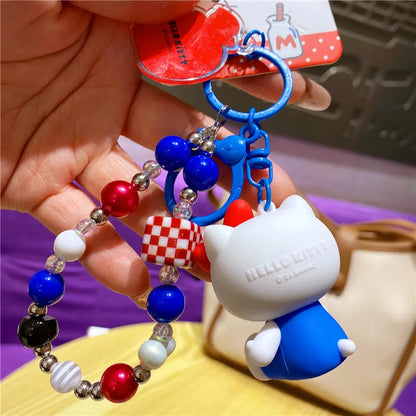Wholesale Sanrio Keychain Hello Kitty Schoolbag Pendant Kawaii Kt Red Blue White Cartoon Key Kitty Tv Beaded Keyring Girl Gift ﻿