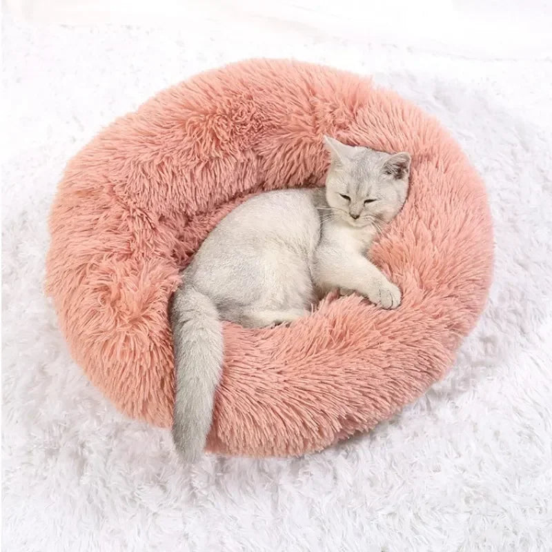 Long haired ultra soft pet cat bed plush washable calming bed donut bed comfortable sleeping artifact