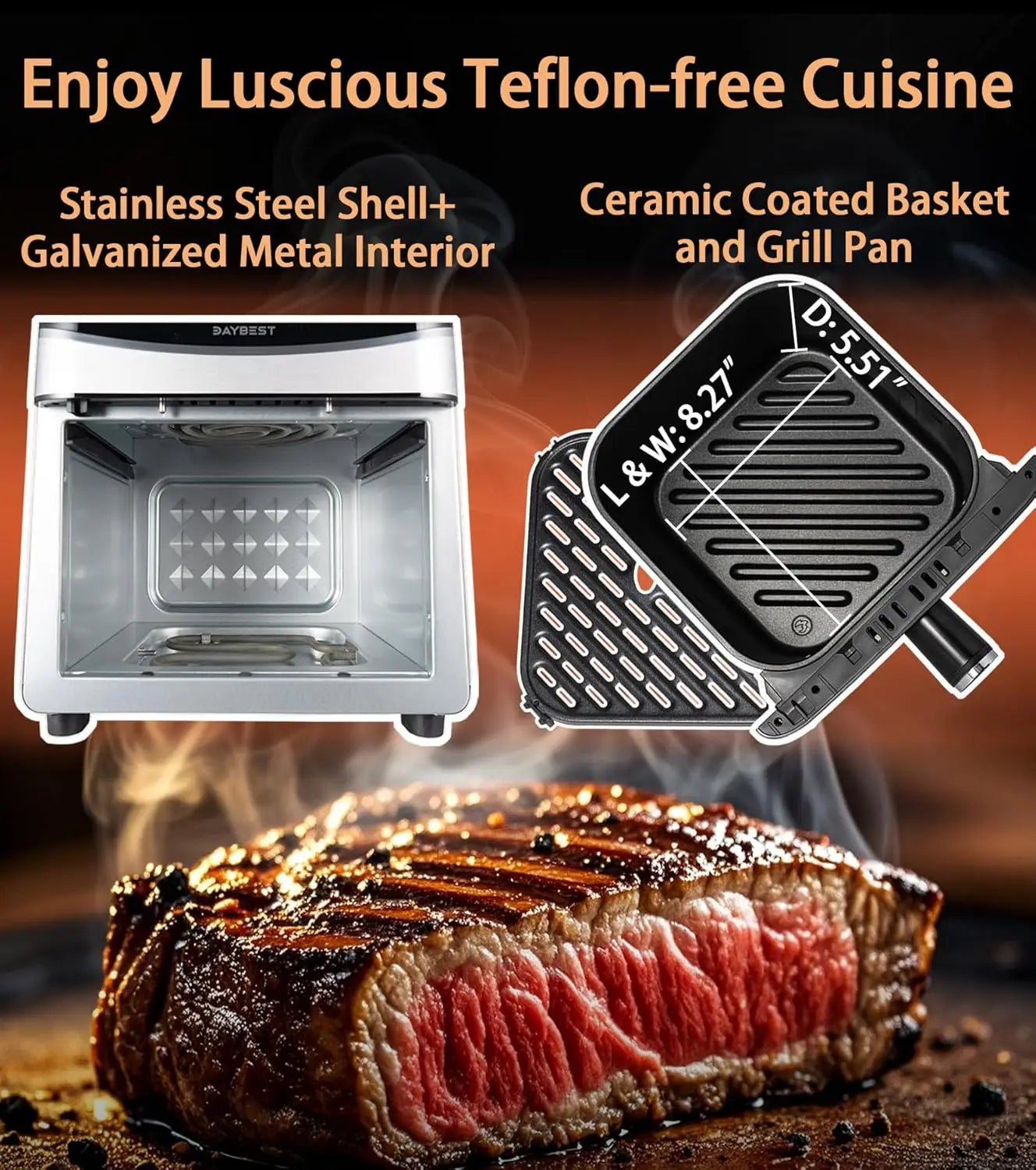 Ceramic Air Fryer Stainless Steel Shell Compact 6 QT for Small Family,  Max 450°F 12-in-1 Metal Airfryer Dual Heats 1700W