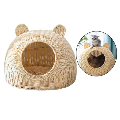 Solid Rattan Cat Bed Round Indoor Nest Cat Shaped Hideaway Kitty Interactive