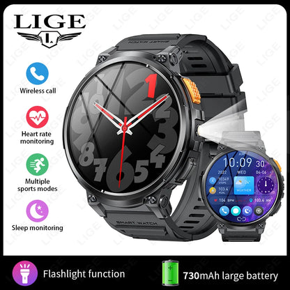 LIGE 1.85"HD Screen Outdoor Sport Smartwatch Men Heart Rate Flashlight Watch 730mAh Battery Waterproof Wireless Call Smart Watch